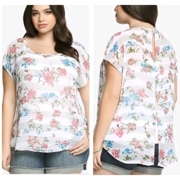 Torrid Striped Floral Sheer Button Back Top white gray pink blue - Picture 1 of 7